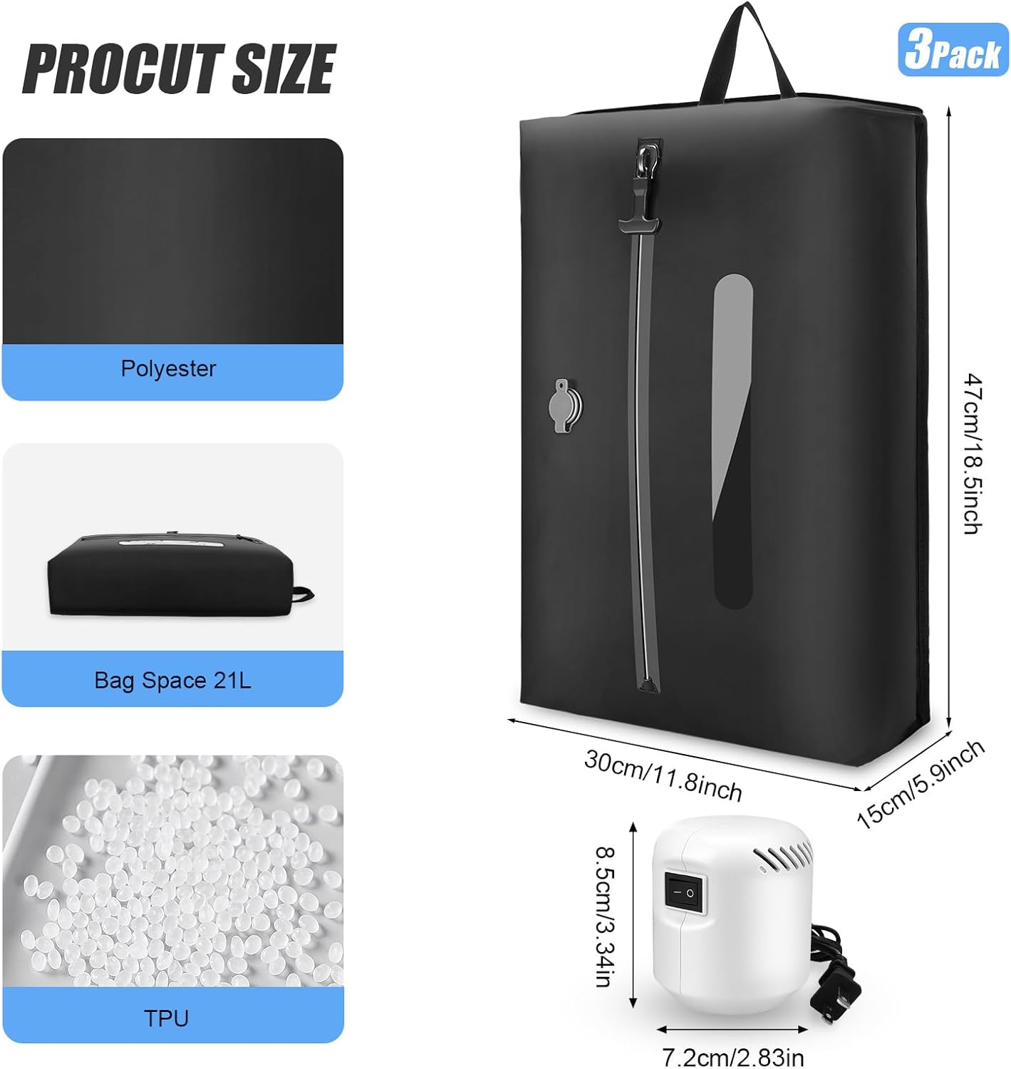 3PCS Vacuum Bags for Travel With Pump, 21L Reusable Vacuum Compression Bags with Waterproof Zipper, IP68 Waterproof Airless Travel Bags Save Space for Storage, Luggage, Backpack & Suitcase, Black