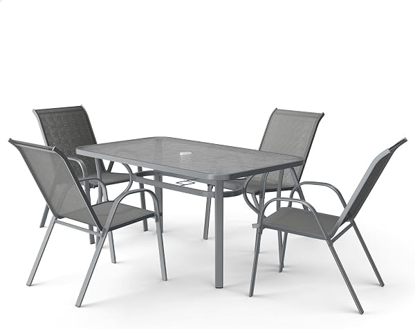 ALFORDSON 5 Pcs Grey Outdoor Dining Set with Tempered Glass Top