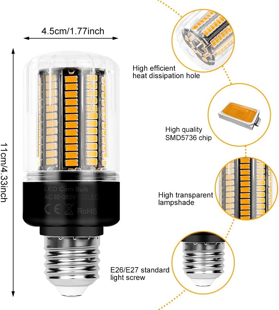 E26/E27 LED Corn Light Bulbs 3000K Warm White Super Bright 3146 Lumen 132Leds Corn Bulb 85-265V Flicker Free Indoor Household Lighting 6 Pack