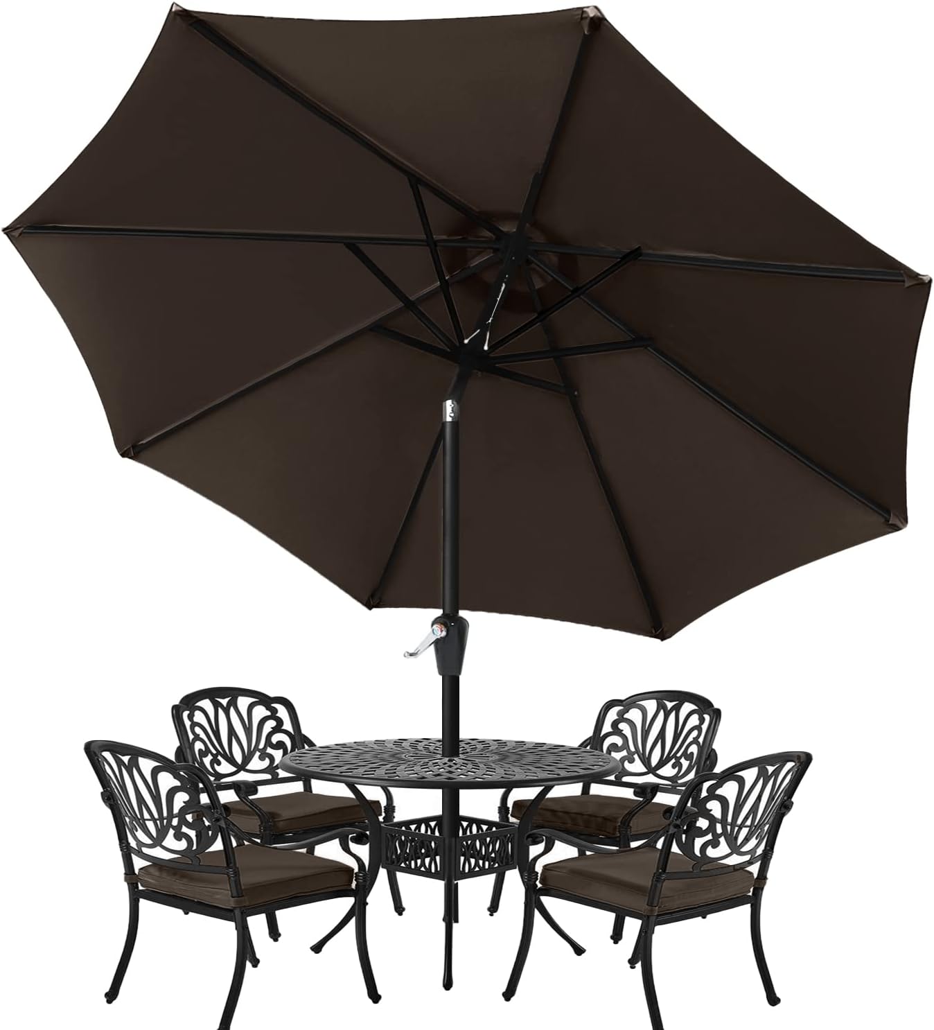 HLong Outdoor Aluminum Patio Umbrella, Market Table Umbrella with Push Button Tilt and Crank, 8 Ribs(10ft, Brown)