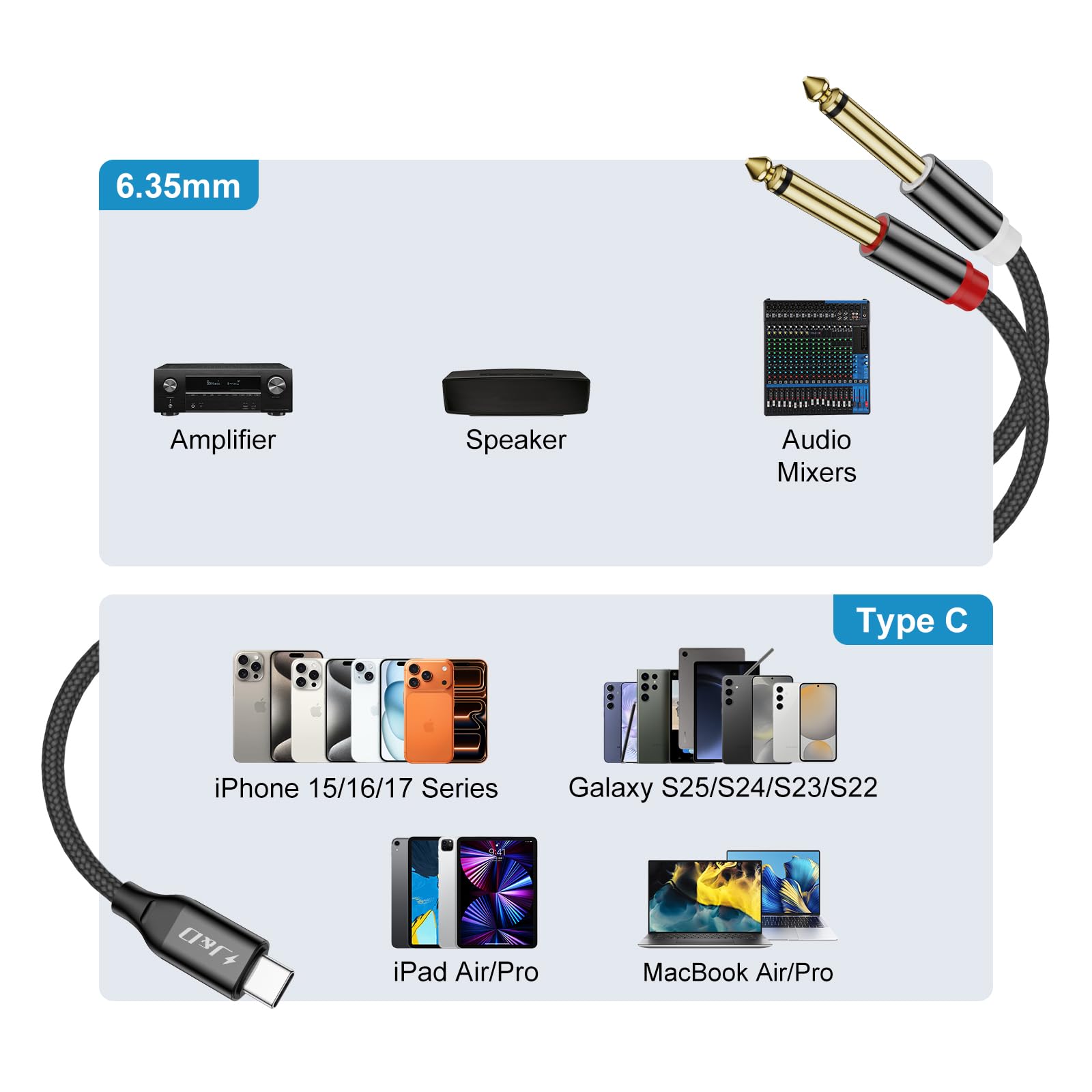 J&D USB C to 1/4 inch Audio Cable, USB Type C to Dual 6.35 mm TS Mono Y Splitter Audio Cord for Tablet, Laptop, Amplifier, Mixer, Compatible with iPhone 16/17 Series and Galaxy S24/S25, 1 Meter