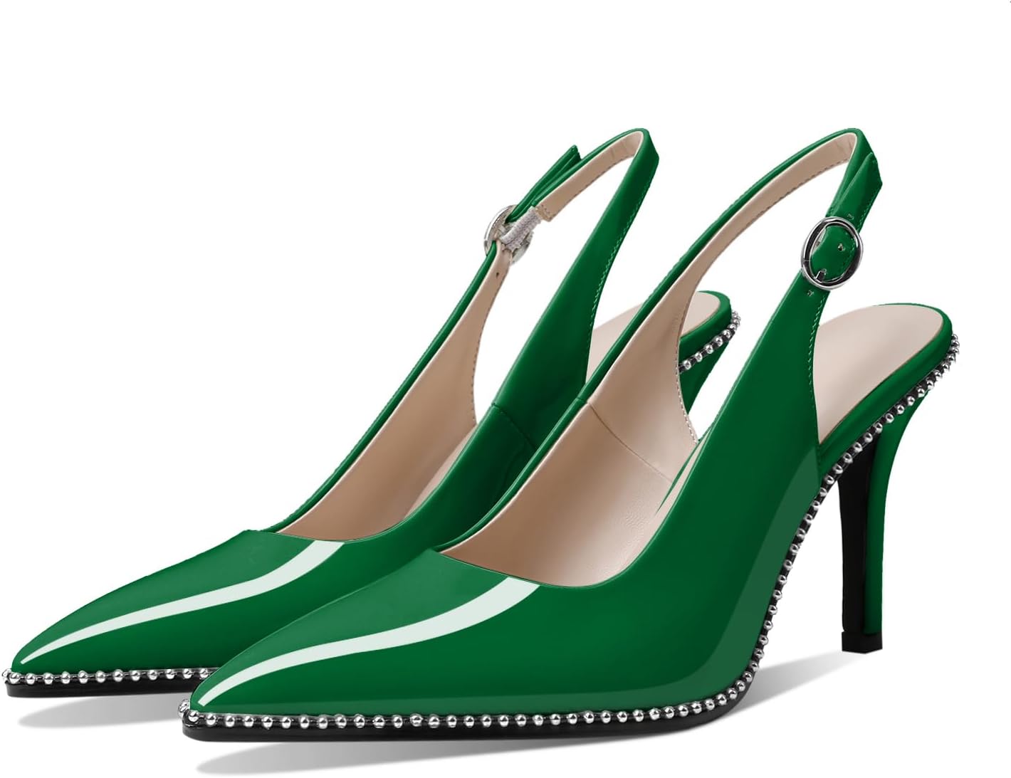 Zamikoo Women Beaded Pumps High Heel Slingback Pointed Toe Slip On 3.5 Inch Stilettos Ankle Strap Adjustable Buckle Patent Leather US Size 5 -Size 13 - Image 5