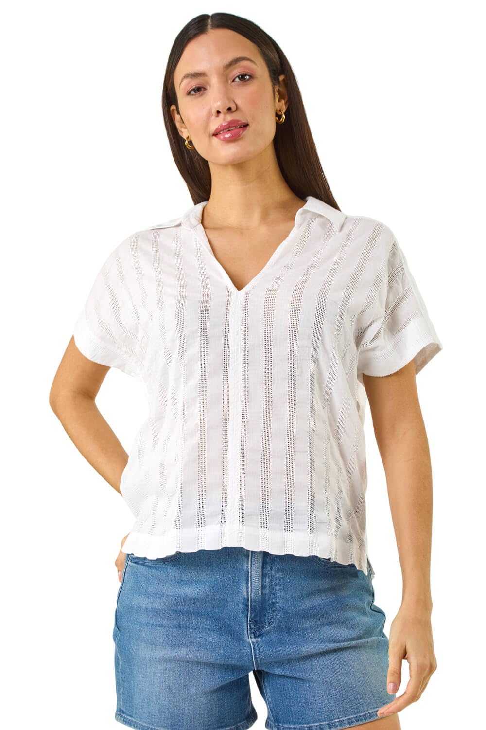 Roman Women's Ivory Textured Collar V-Neck Top Size 20