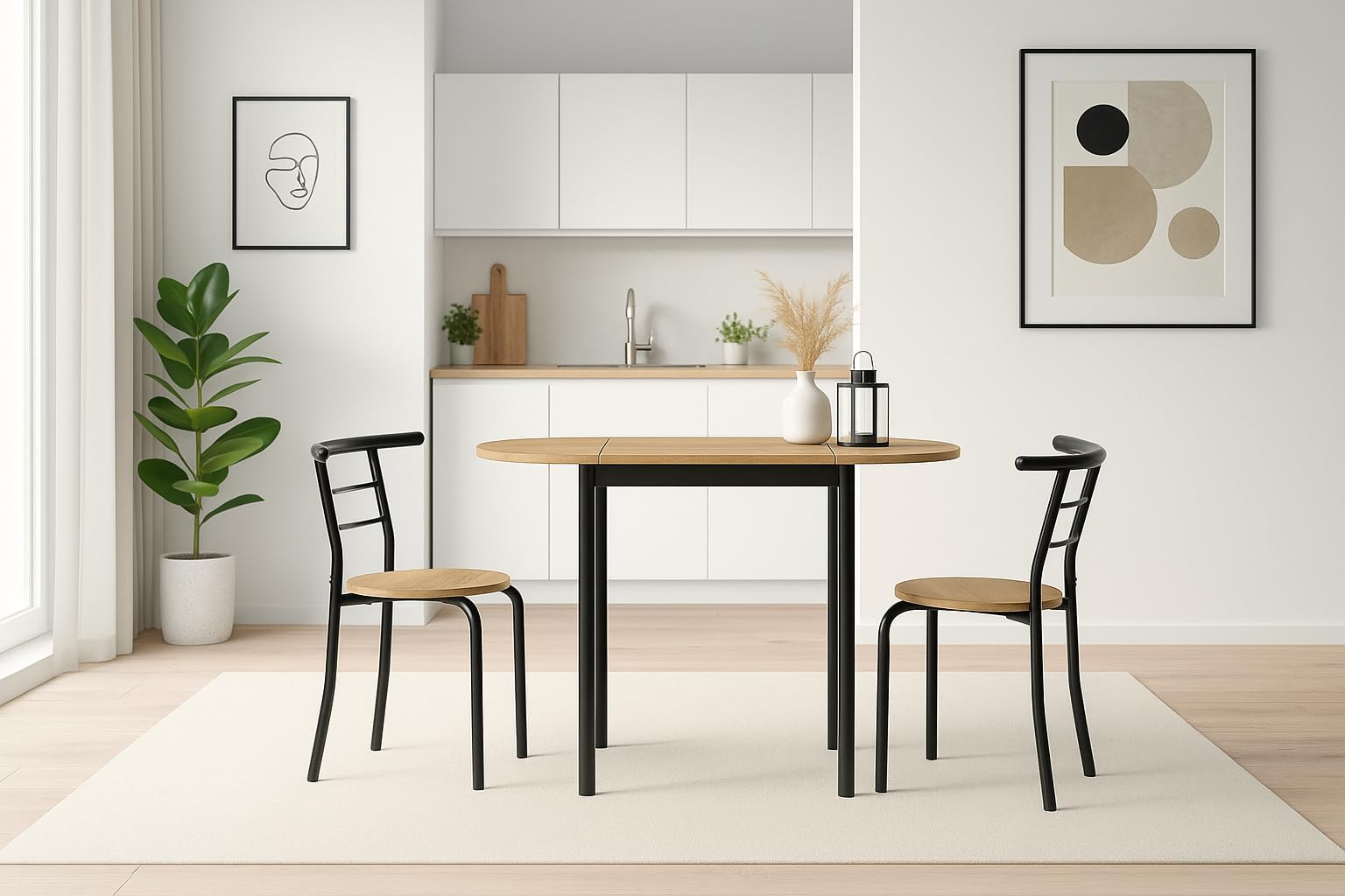 MOMMA HOME Ensemble Table de Cuisine Extensible avec 2 Chaises – Pliable et Compact, Idéal pour la Salle à Manger ou la Cuisine, Modèle Leva (Noir/Chêne)