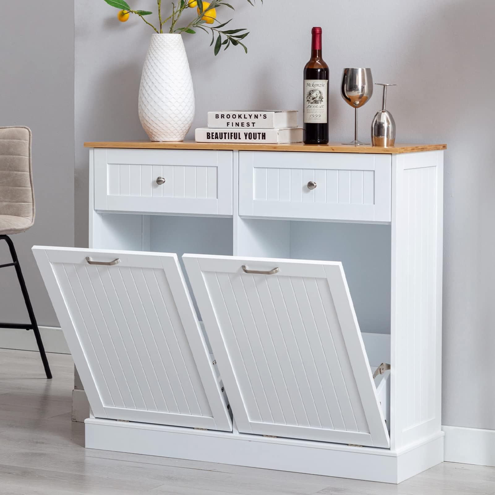 Gitua Double Tilt Out Trash Cabinet 20 Gallon, Freestanding Wooden Kitchen Trash Recycling Cabinet with Drawer & Removable Cutting Board, Dog Proof Trash Can Cabinet, White