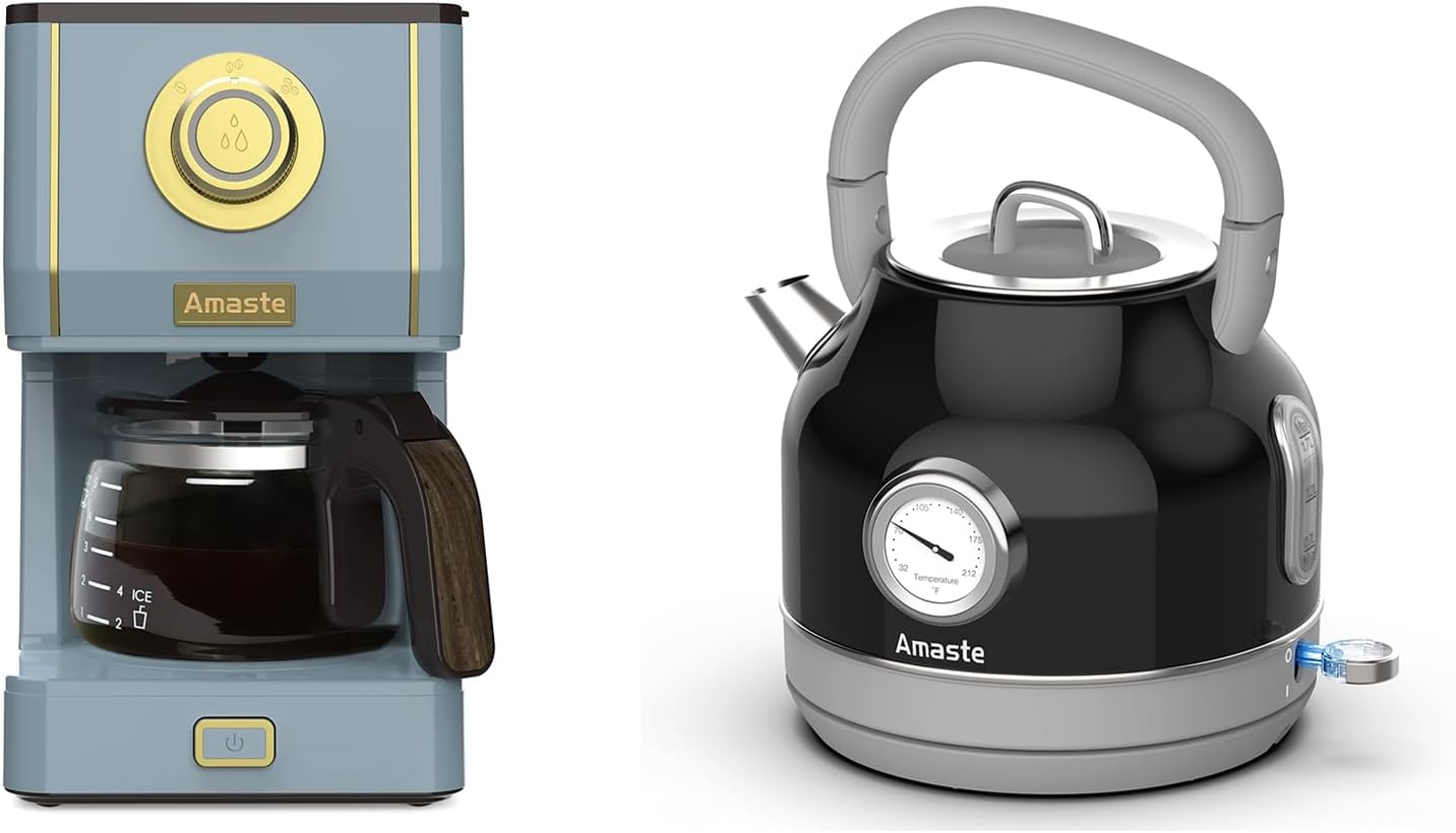 Amaste Blue Coffee Maker & Black Retro Electric Kettle Set