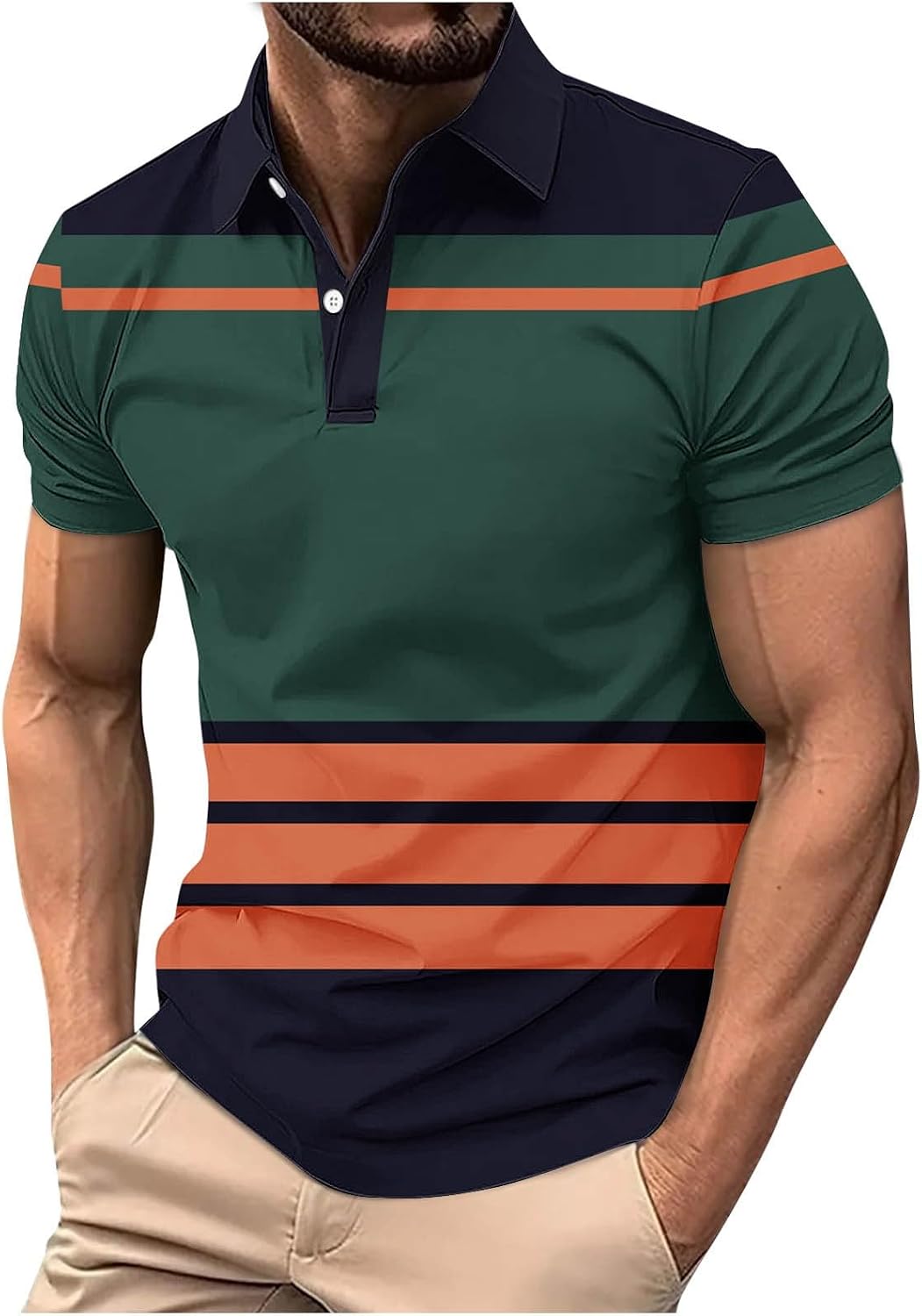 Men's Athletic Shirts Golf Tees Fashion Contrast Striped Short Sleeves Button up Lapel Loose Comfy T-Shirts Tops