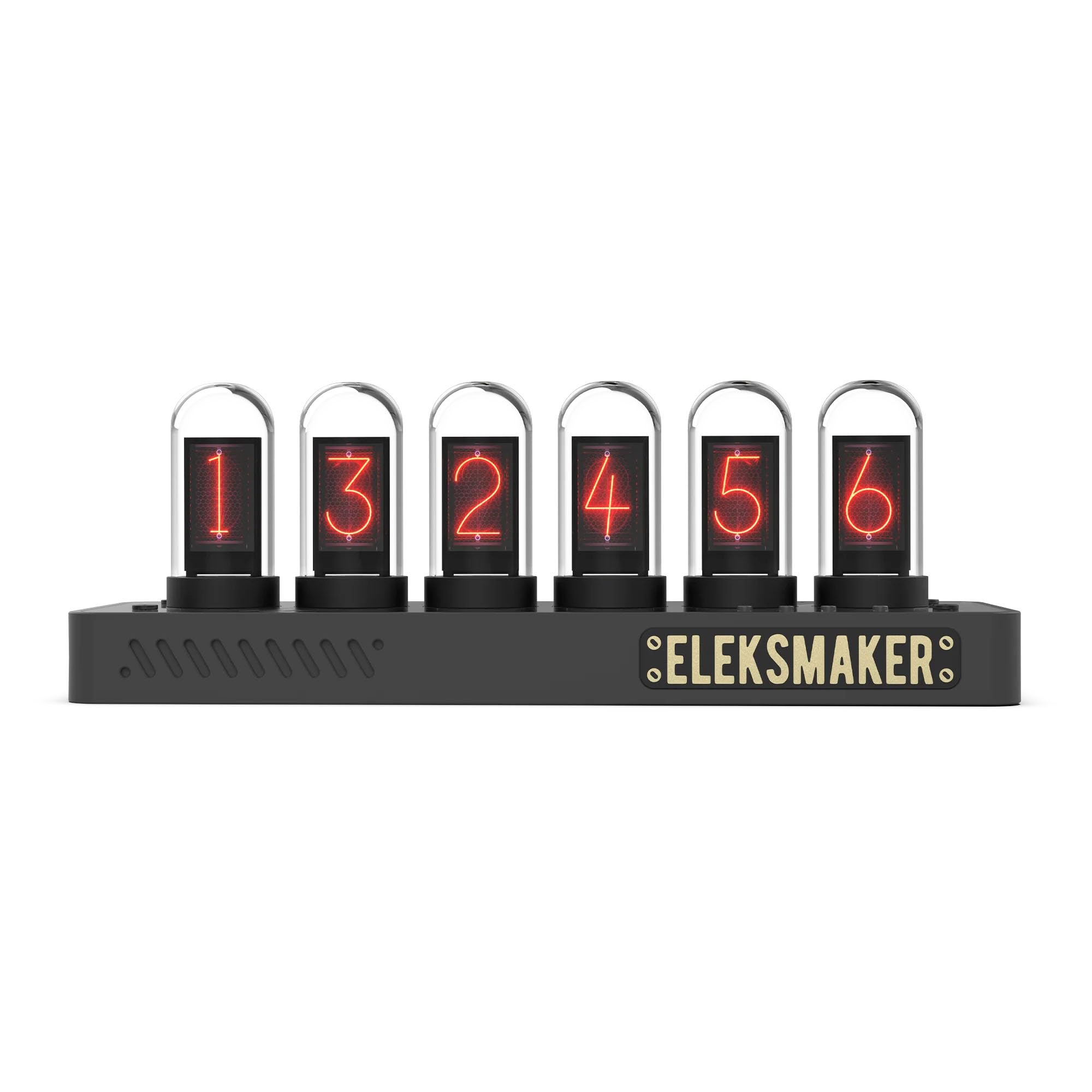 EleksMaker EleksTube IPS PRO GEN3 digital clock displaying green numbers 4, 5, and 6, with the 'ELEKSMAKER' logo on the base.