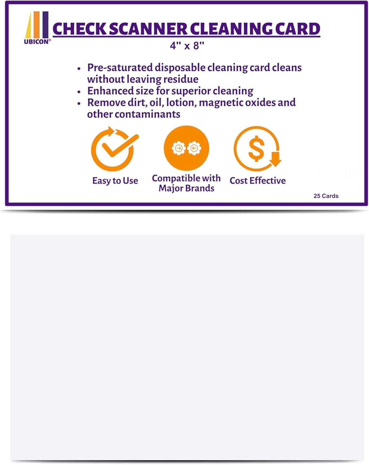 UBICON Check Scanner Cleaning Card - Enhanced Length and Width for Effective Cleaning, Compatible with Major Brands Including Panini and Digital, Presaturated - 4" x 8" (25)
