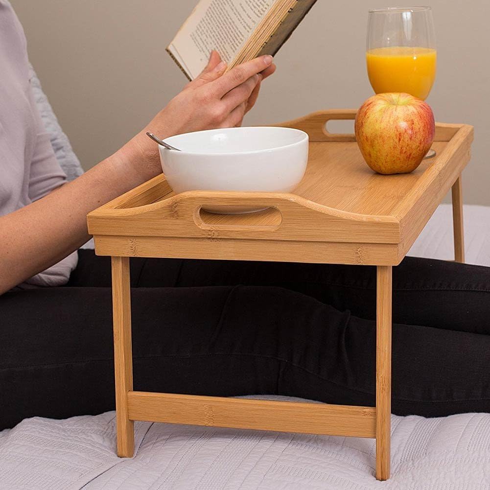 OCEANO Vassoio da Letto Pieghevole in Legno di Bambu con Gambe e Manici per Colazione a Letto Mangiare sul Divano Relax Tavolino per Pasti da Appoggio da Portata Portavivande da grembo 49x30x25cm
