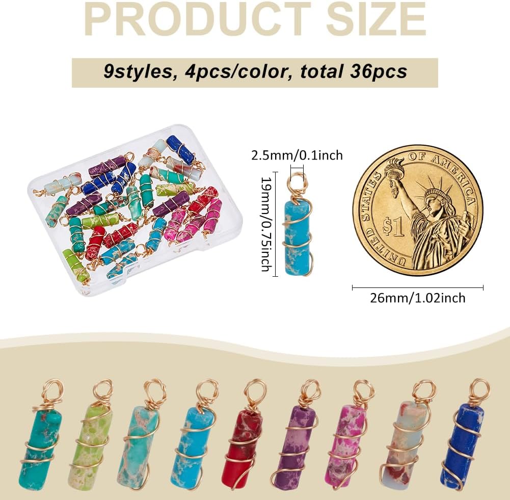 FINGERINSPIRE 36 Pcs 9 Colors Column Natural Stone Dangle Gold Plated Copper Wire Wrapped Pendants 0.7inch Dyed Synthetic Imperial Jasper Wire Wrapped Pendants for Jewelry Making - Image 2