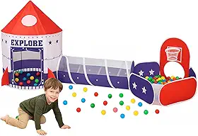 Barraca Infantil 3 em 1 com Toca Foguete, Túnel e Piscina com Cesta de Basquete - Cabana Infantil Menina e Menino para Diversão e Aventura em Casa ou Jardim