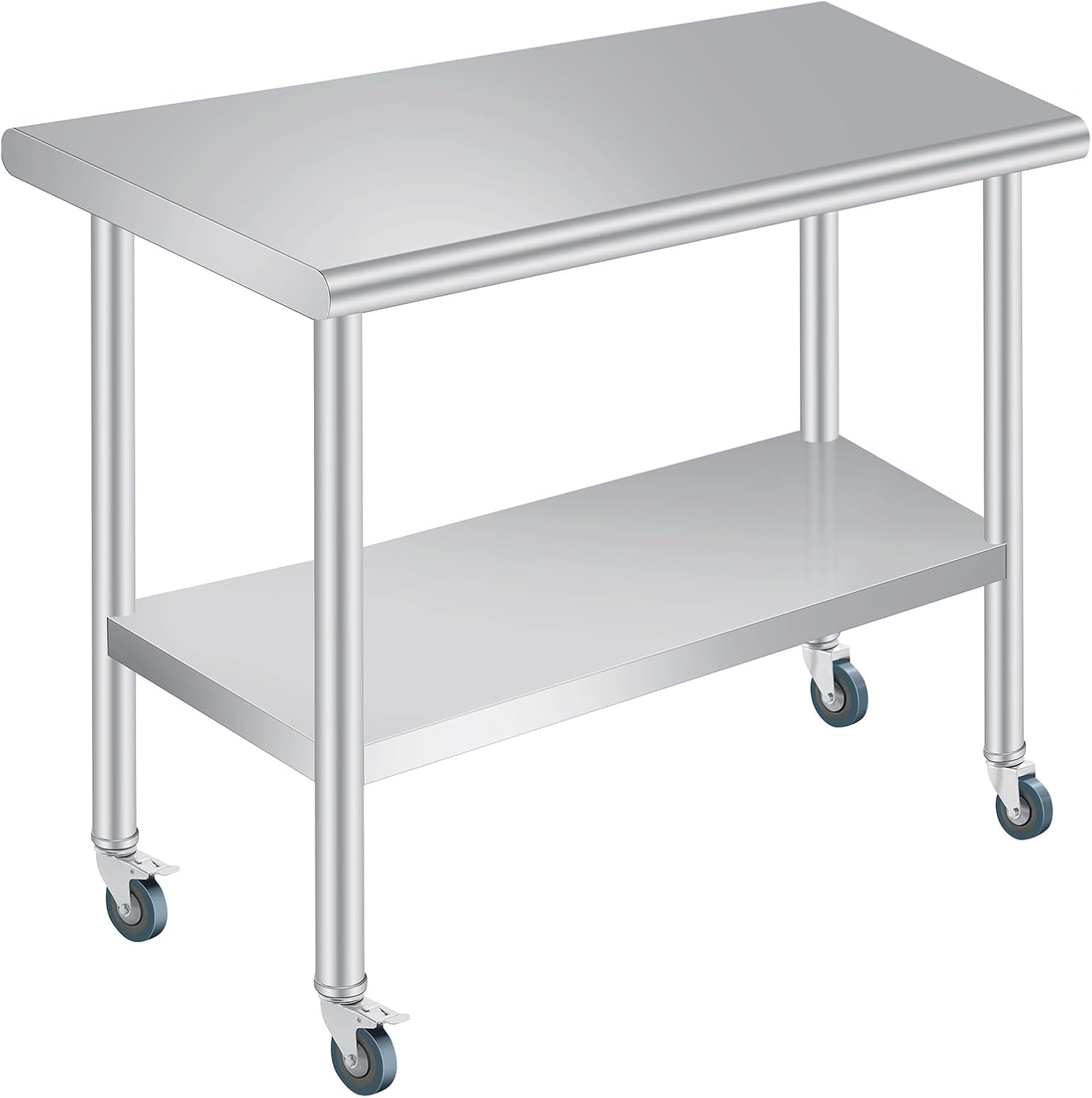 Stainless Steel Prep Table, 30x 60 Inches Heavy Duty Commercial , with Rounded-Corner, Adjustable Undershelf and 4 Caster Wheels, Heavy Duty Work Table with Adjustable Under Shelf for Outdoor, Res