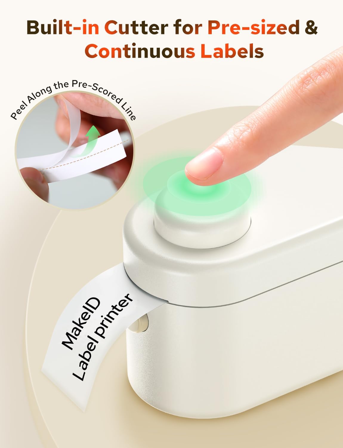Close-up of the Makeid L1-C label printer's built-in cutter in action, with a finger pressing the button and a label being easily peeled from its backing along a pre-scored line.