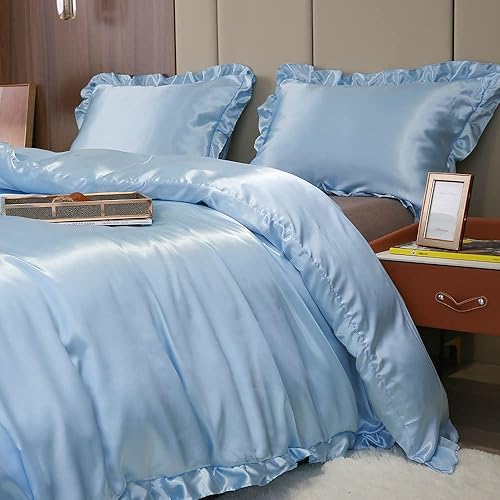 Miniatura 2 de Juego de funda de edredón de satén similar a la seda, de lujo, sedosa, con volantes, sexy, sedosa, tamaño Queen, 1 funda de edredón y 2 fundas de