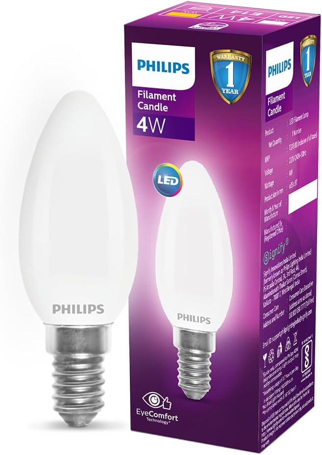 Philips 4-watt Filament Candle LED Bulb | Diffused Candle Bulb For Home & Decoration | Bulb Base: E14, Warm White | Pack of 1