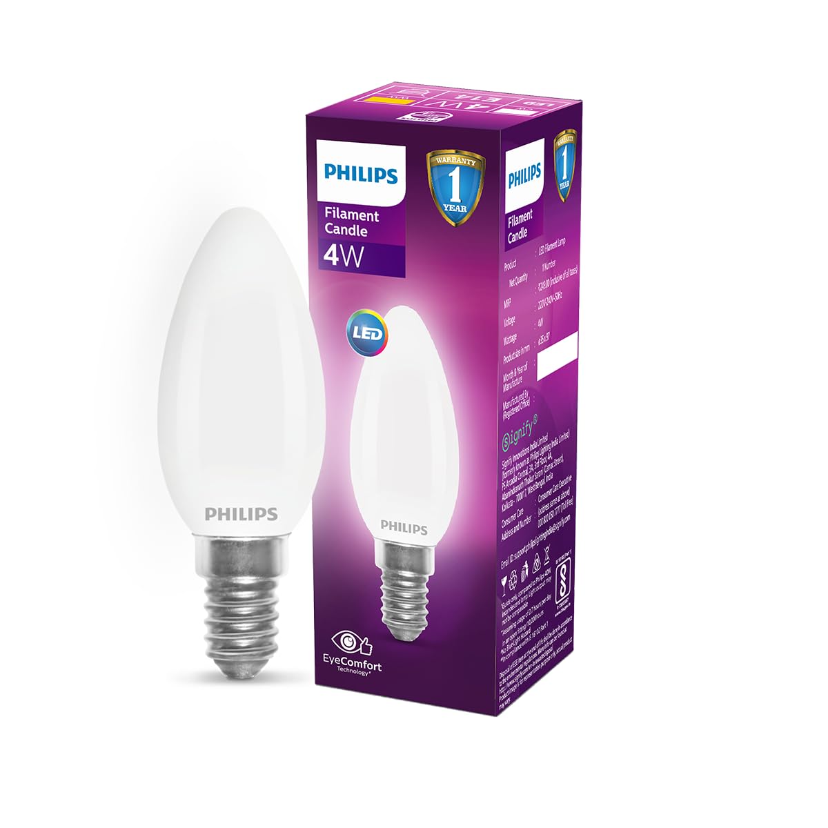 Philips 4-watt Filament Candle LED Bulb | Diffused Candle Bulb For Home & Decoration | Bulb Base: E14, Warm White | Pack of 1