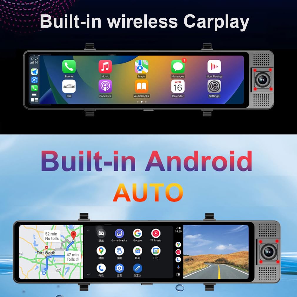 3 Canali Android 13 4G Dash Cam Specchietto Retrovisore, Carplay & Android AutoCar DVR, 12 pollici IPS Touch Full Screen, 4GB + 64GB, 5G Wifi GPS Navi ADAS Bluetooth, Monitoraggio remoto, anteriore