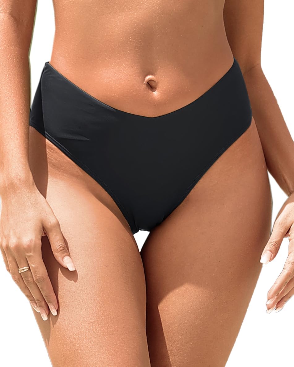 Zmart Women V Cut Cheeky Bikini Bottoms - Mid Waist High Cut Swim Bathing Suit Bottoms V Front Swimsuit