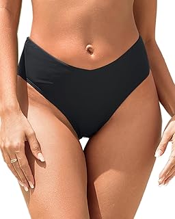 Women V Cut Cheeky Bikini Bottoms - Mid Waist High Cut Swim Bathing Suit Bottoms V Front Swimsuit