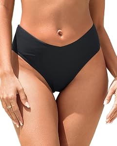 Zmart Women V Cut Cheeky Bikini Bottoms - Mid Waist High Cut Swim Bathing Suit Bottoms V Front
