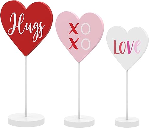 Miniatura 8 de Threan 3 piezas de decoración de mesa de madera en forma de corazón para el día de San Valentín con base adornos de corazón, letreros de madera XOXO