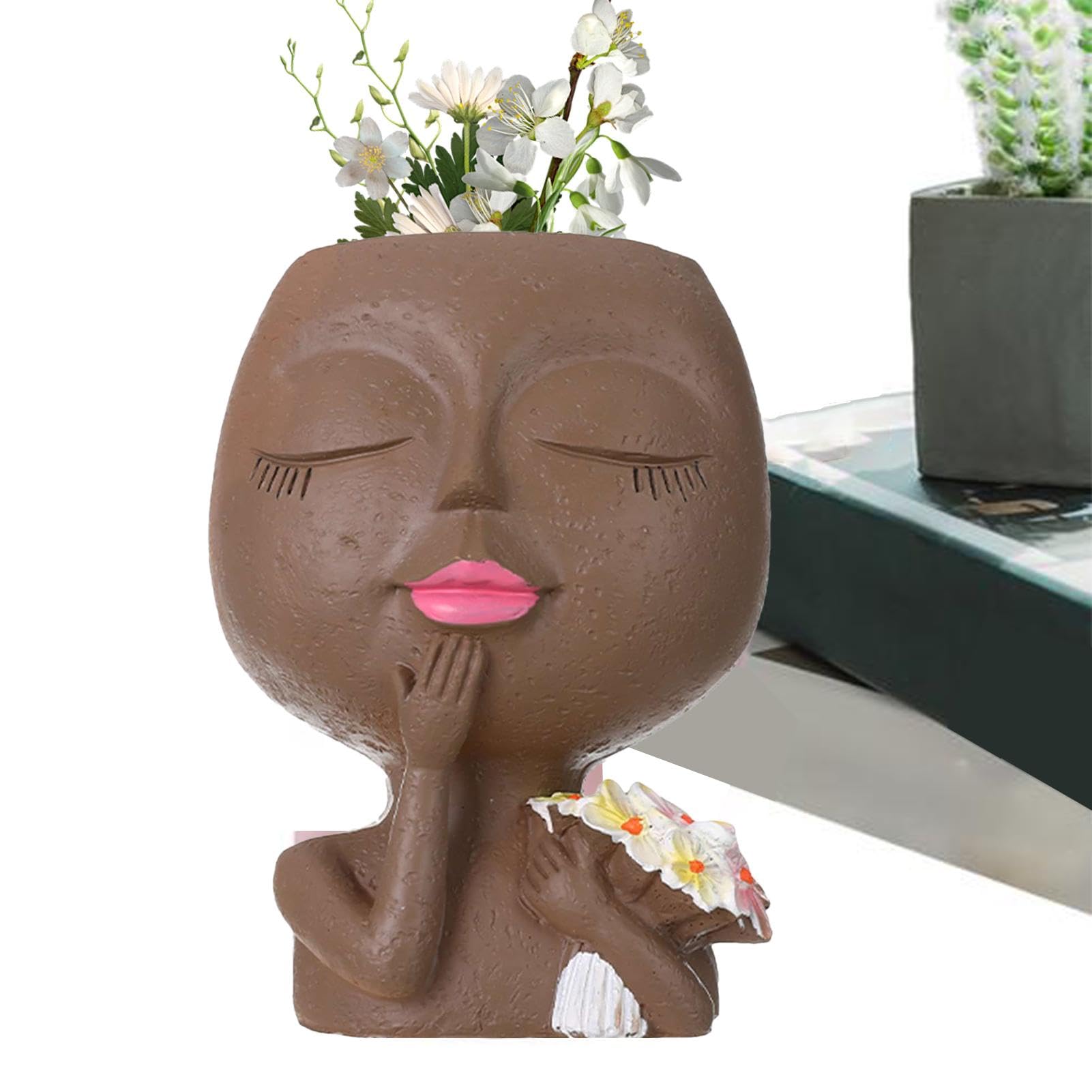 GeLive Head Vaso Per Pi Grasse A Forma Di Testa: Statua Moderna Con Foro Di Drenaggio (Bianco)