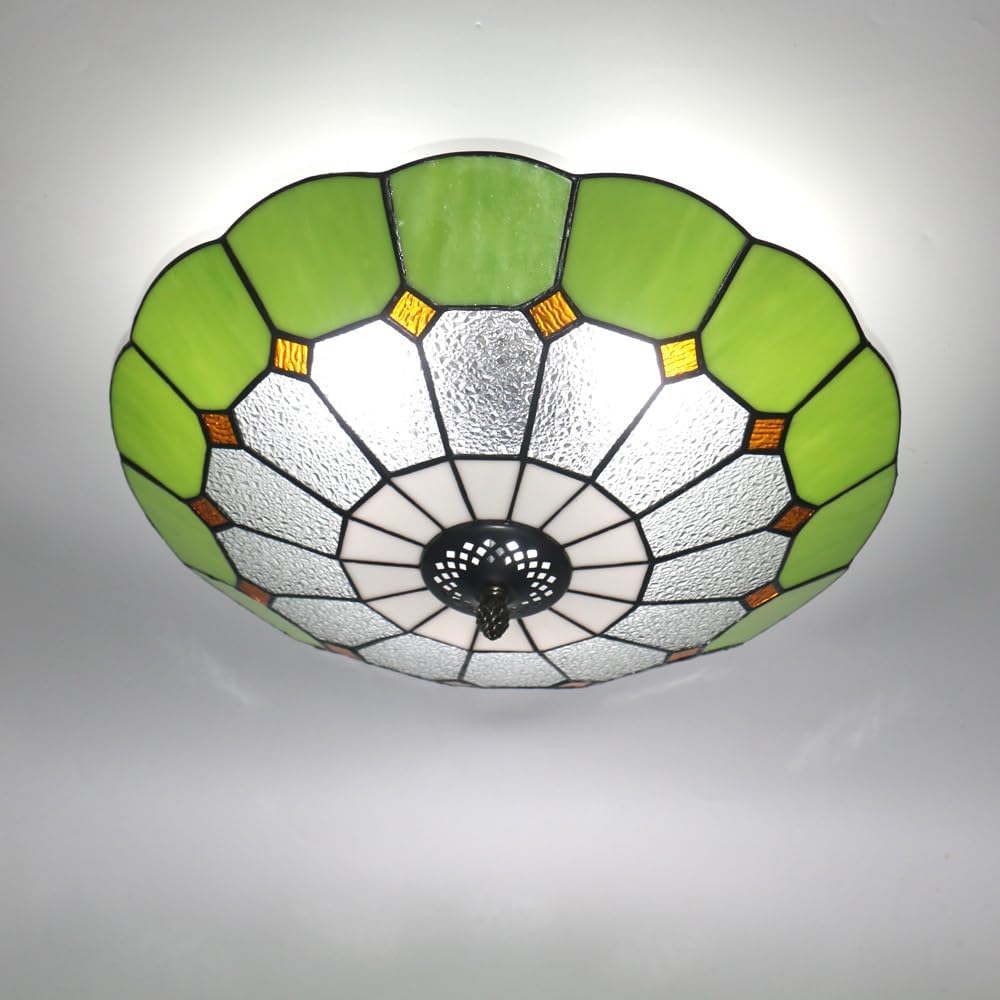 Tiffany Style Ceiling Light 16 Inch 3-Lights Stained Glass Flush Mount Ceiling Light for Bedroom Dining Room Living Room