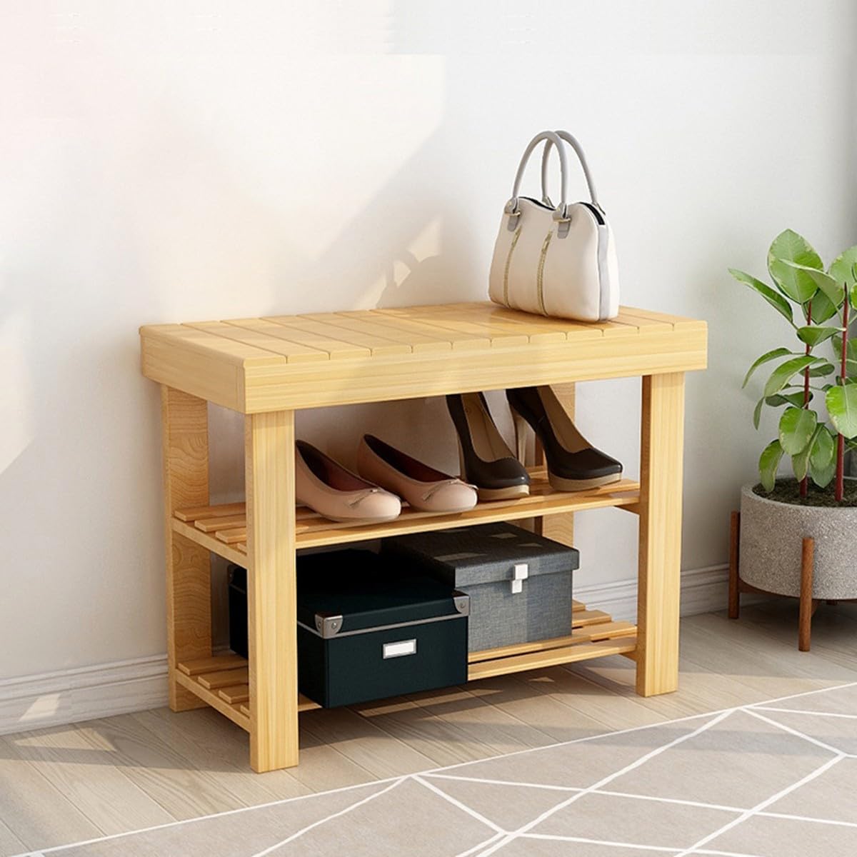 Tabouret et étagère à chaussures en bambou 3 niveaux d'entrée