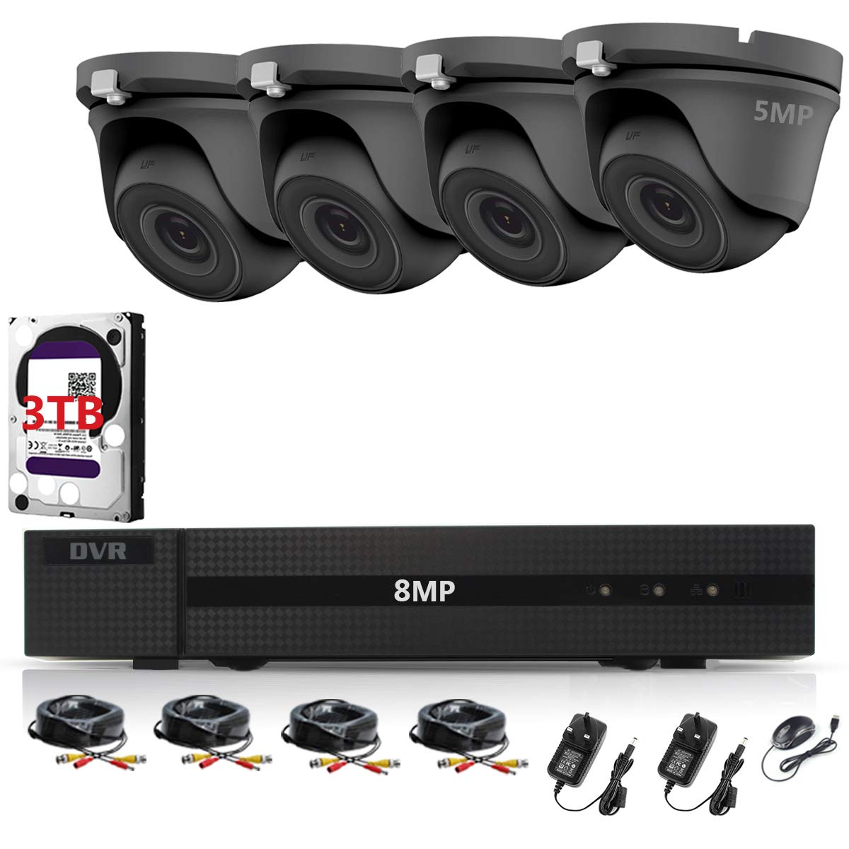 8MP CCTV KIT SECURITY SYSTEM 4K DVR 8CH+&4X 5MP FULL HD METAL HOUSING WATERPROOF IN/OUTDOOR DOME CAMERAS 20M NIGHTVISION P2P MOTION DETECTION EMAIL ALERT REMOTE VIEW (3TB HDD PRE-INSTALLED)