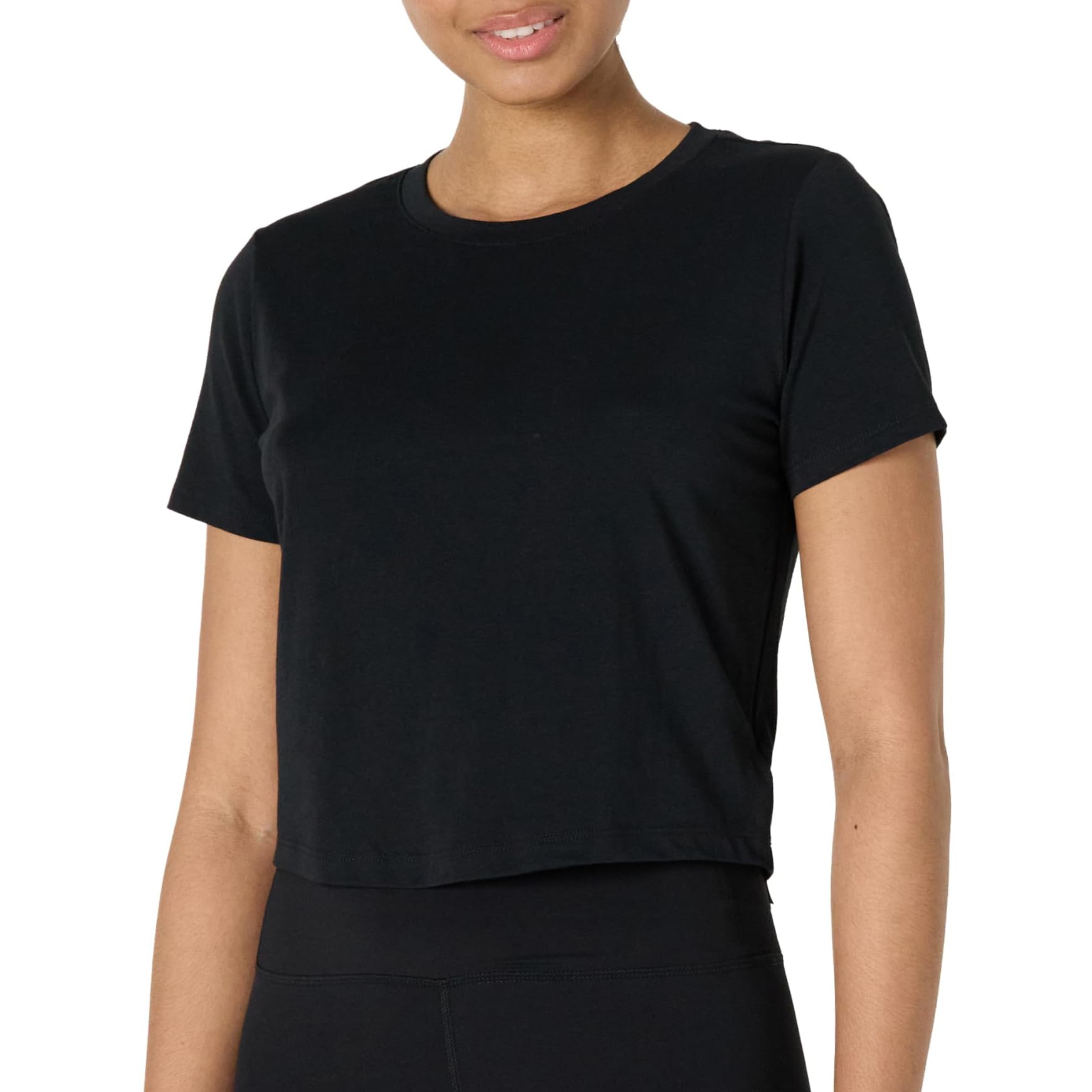 Amazon Essentials Mujer Suave y Ligera Camiseta Deportiva Corta de Algodón con Cuello Redondo y Manga Corta para Entrenamiento y Yoga M Negro