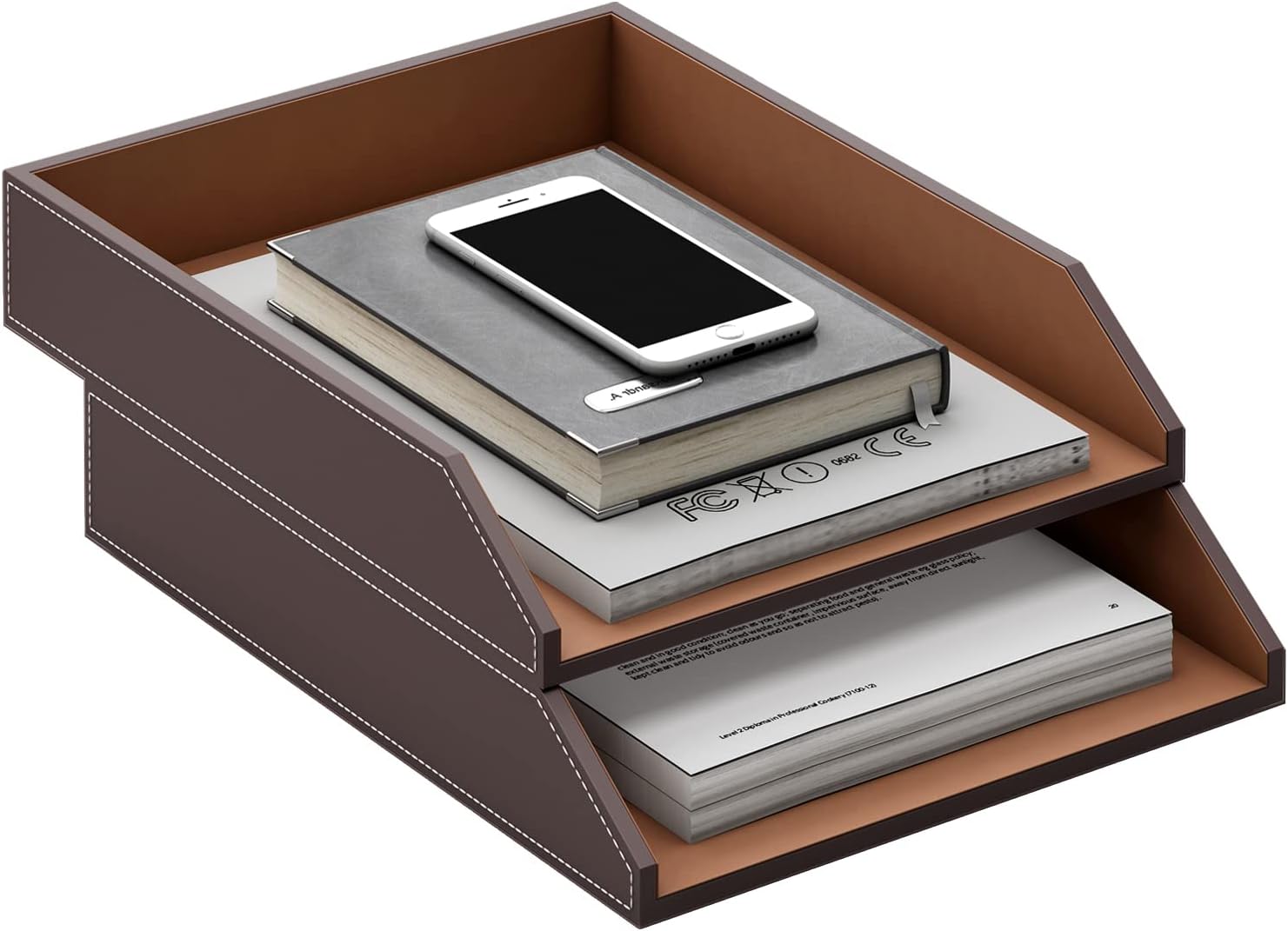 Thipoten Leather Letter Tray, Stackable Desk Organizer Holder for Office Supplies, Paper, File, Magazine, Perfect Office Organization for Desktop (Brown-2Tiers)