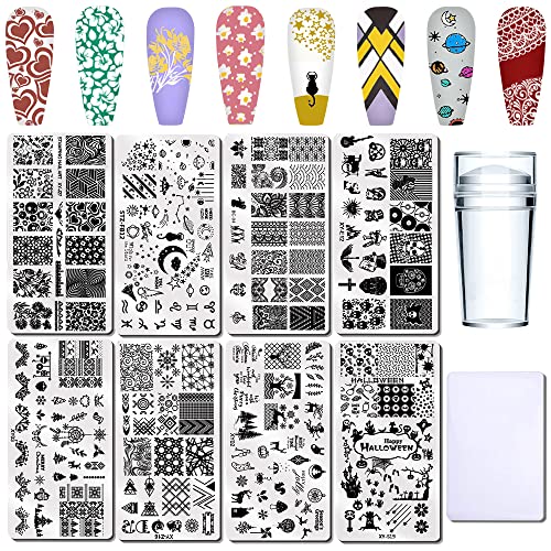 Nail Stamper Kit Nail Stamping Plate Set 8 Pcs Nail Templates With Stamper Scaper Lace animal Owl flower heart Starry sky Constellation rock design Nail Art Plate