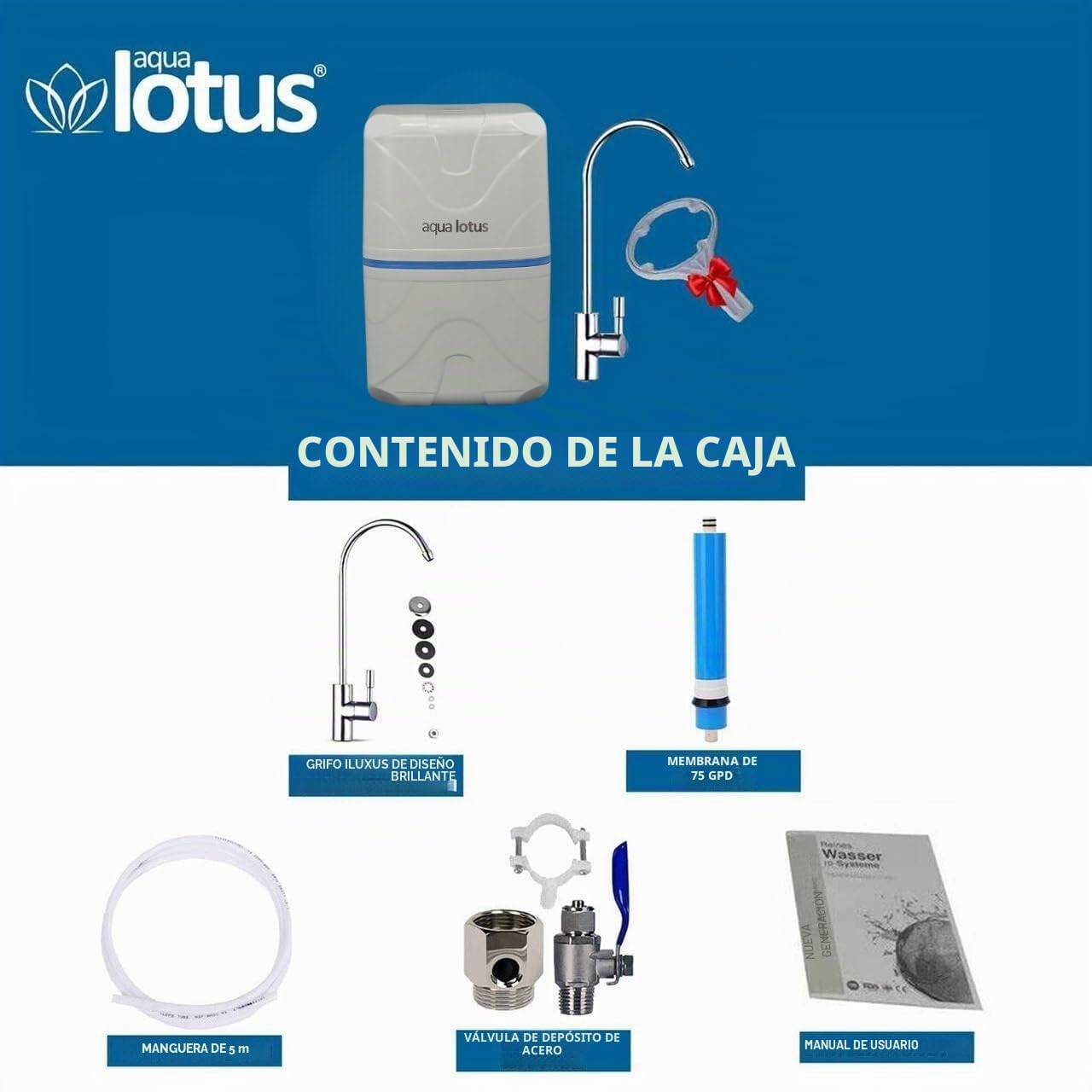 aqua lotus Sistema de ósmosis inversa de 5 etapas, sistema de ósmosis inversa 75 GPD, filtro de agua Aquax