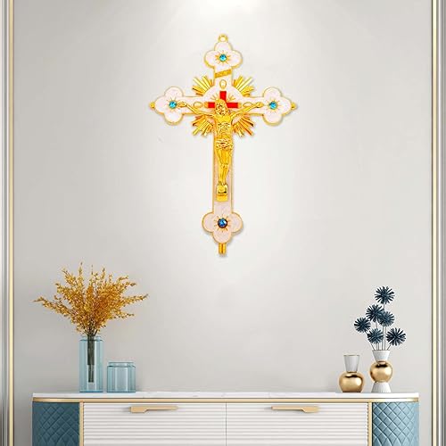 Miniatura 5 de Cruz de mesa de altar de Jesús, decoración de pared de crucifijo religioso con soporte, adorno cristiano de metal montado en la pared para oración,