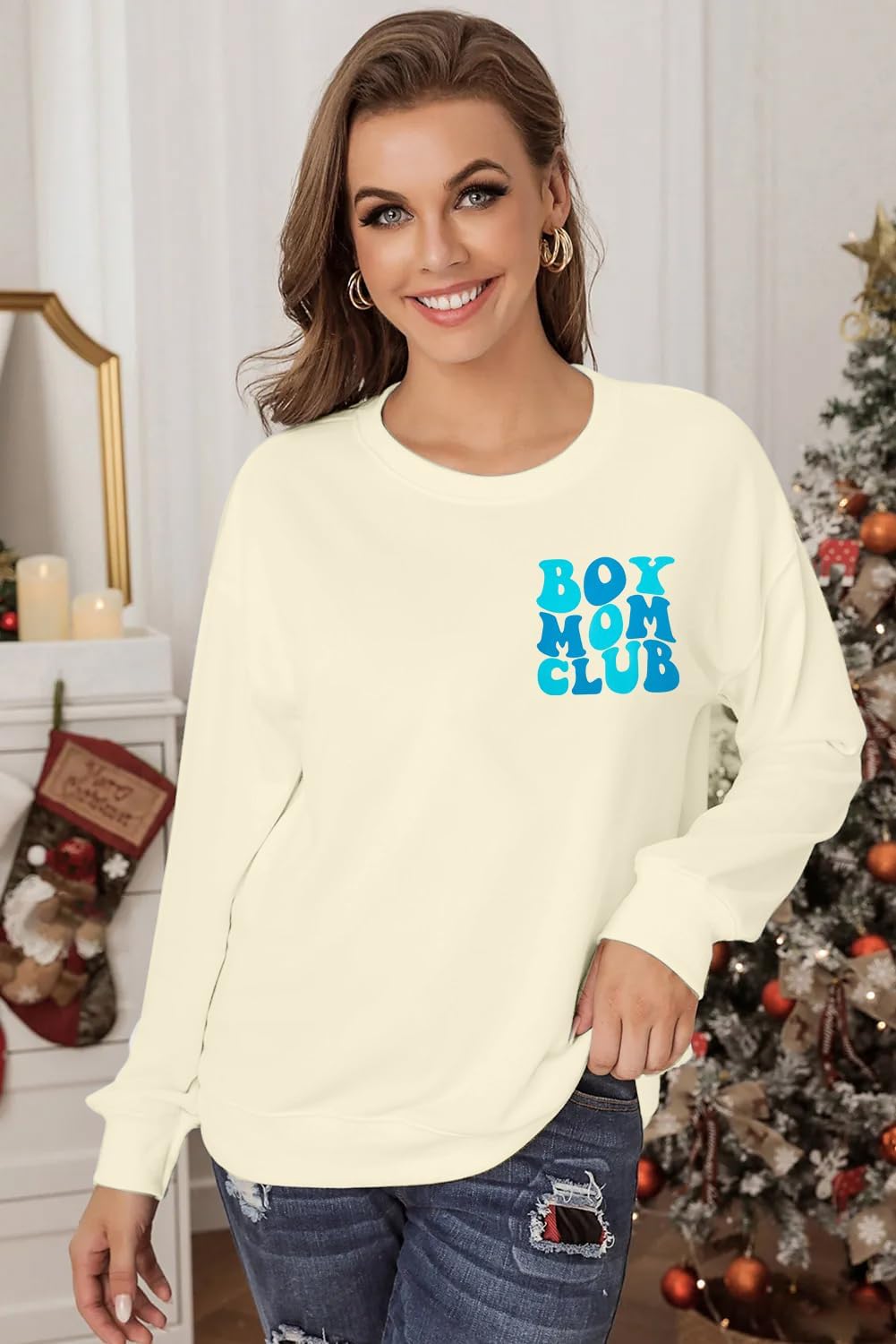 MOUSYA Women Boy Mom Club Sweatshirt Mommy Mom Bruh Pullover Mama Life Lightweight Top Casual Long Sleeve Blouse Tees Apricot - Image 4