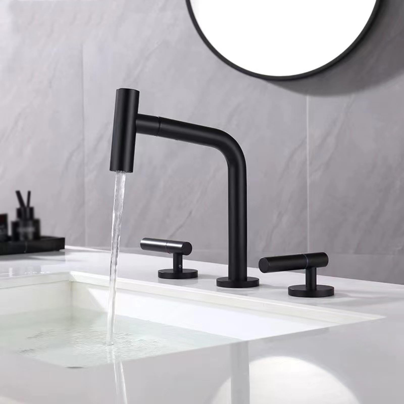 Mitigeur lavabo salle de bain 3 trous avec douchette extractible en laiton noir