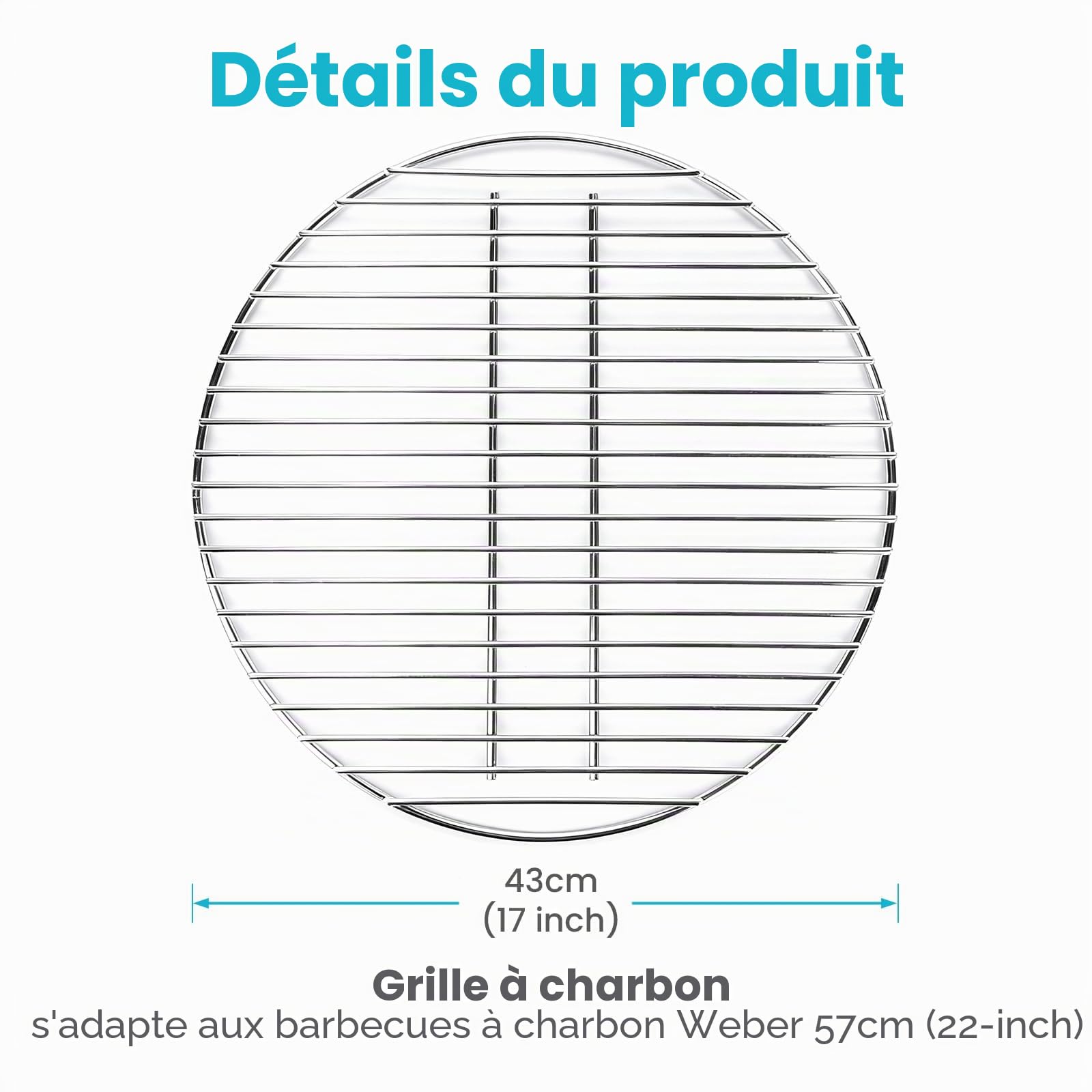 Grille à charbon de 43 cm de diamètre (pas de grille), remplacement pour barbecue au charbon de bois Weber 57 cm, One-Touch, Performer, Bar-B-Kettle, Master-Touch, compatible avec Weber 7441