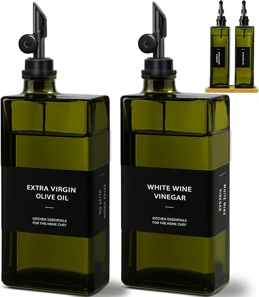 Olive Oil Dispenser Bottle for Kitchen with Bamboo Tray- 16.9oz Glass Oil and Vinegar Dispenser Set, Soy Sauce & Syrup Bottle, Modern Hostess Gift (Green, Set of 2)