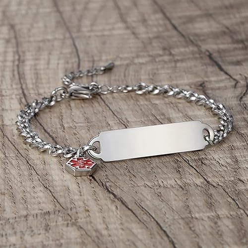 Miniatura 2 de LinnaLove Pulsera de alerta médica simple para mujer, pulseras de identificación de cadena de corte brillante con grabado