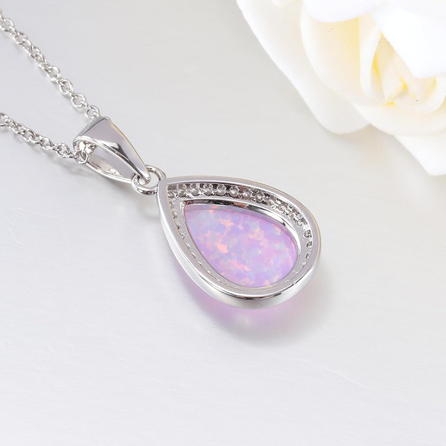 CiNily Pendant Necklace for Women, Created Fire Opal Pear Pendant with Chain, Gemstone Necklaces Opal Jewelry Gift for Wedding Christmas Birthday - Image 5