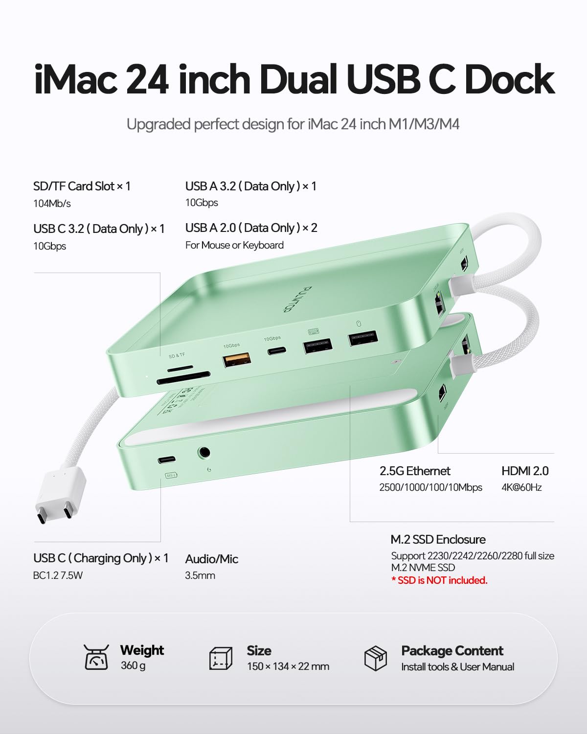 11-in-1 USB-C-Hub für iMac 24" M1/M3/M4 mit NVMe 4TB SSD-Gehäuse | PULWTOP iMac Hub mit 4K@60Hz HDMI, 2,5GbE, USB A/C 10Gbit/s, SD/TF, Audio für iMac 24" 2021-2024 – Grün