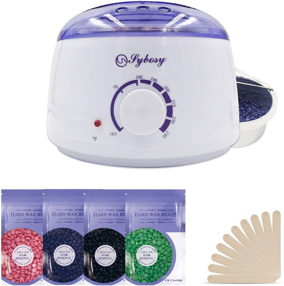 Wax Heater, Sybosy Electric Hair Removal Waxing Kit with 4 Packs of Hard Wax Beans and 10 Wax Wooden Spatulas (at-Home Waxing for Women and Men)