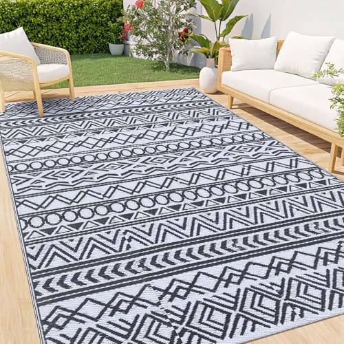 smiry Outdoor Teppich Wetterfest 120 x 180 cm, Modern UV-beständig Geometrisches für Terrasse Balkon Garten Wohnzimmer, Schwarz & Weiß
