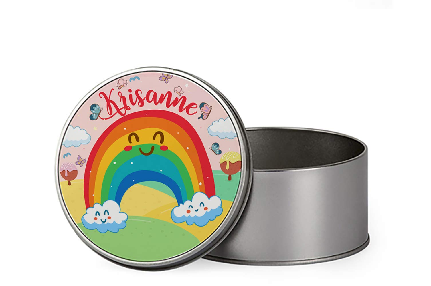 Giftme Personalised Butterfly with Rainbow Cloud Art Portable Metal Tin Storage Box (Round, 18.4 x 11.4 x 5.5 cm)