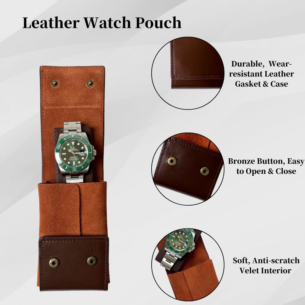 Leather Watch Case, Watch Travel Pouch, Single Watch Box for men and women, Luxury Watch Organizer, Watch Storage (Brown)