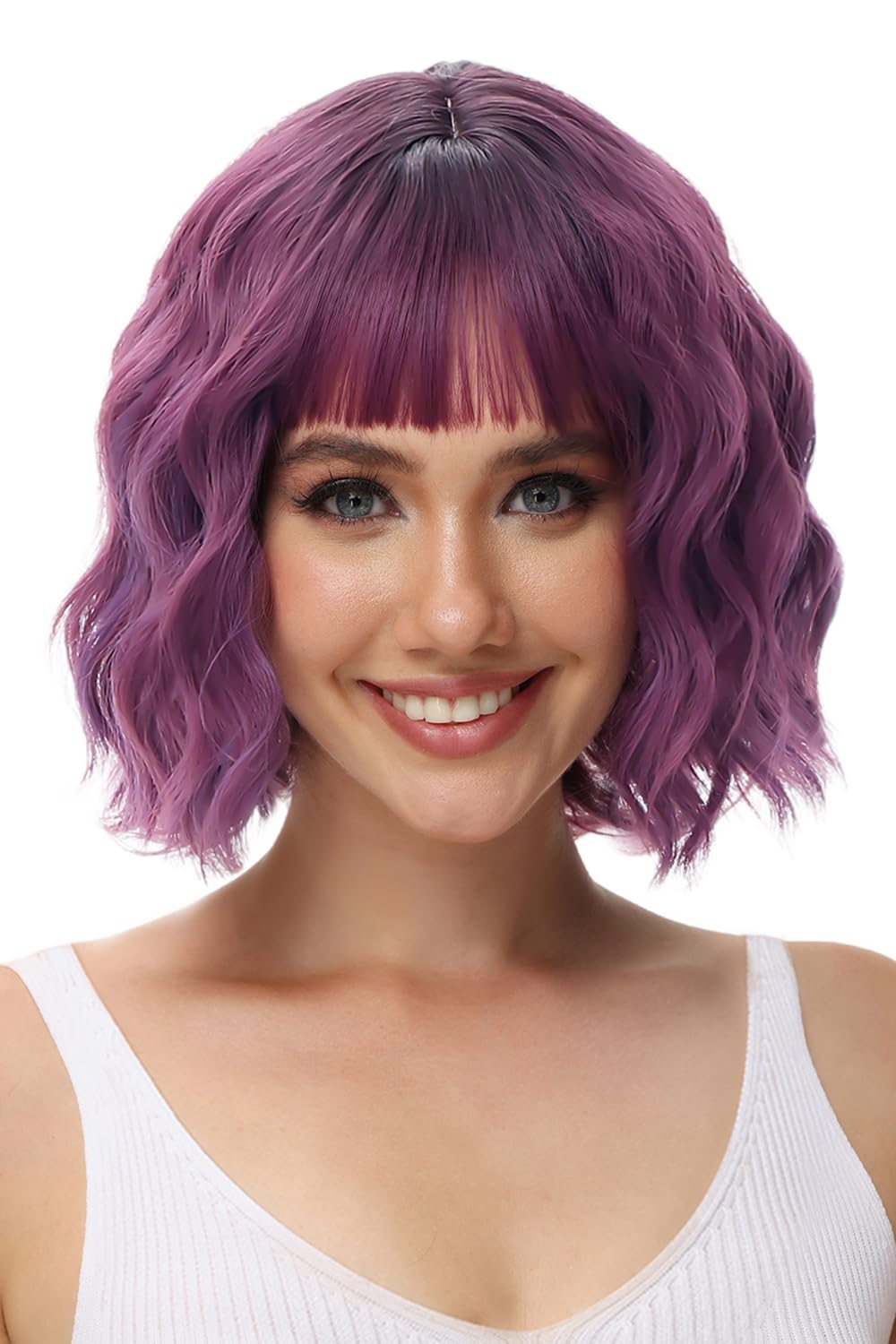 Yamel Wavy Bob Wig with Bangs Ombre Purple Wig Synthetic Hair Shoulder Length Short Curly Wigs for Women 12 Inches