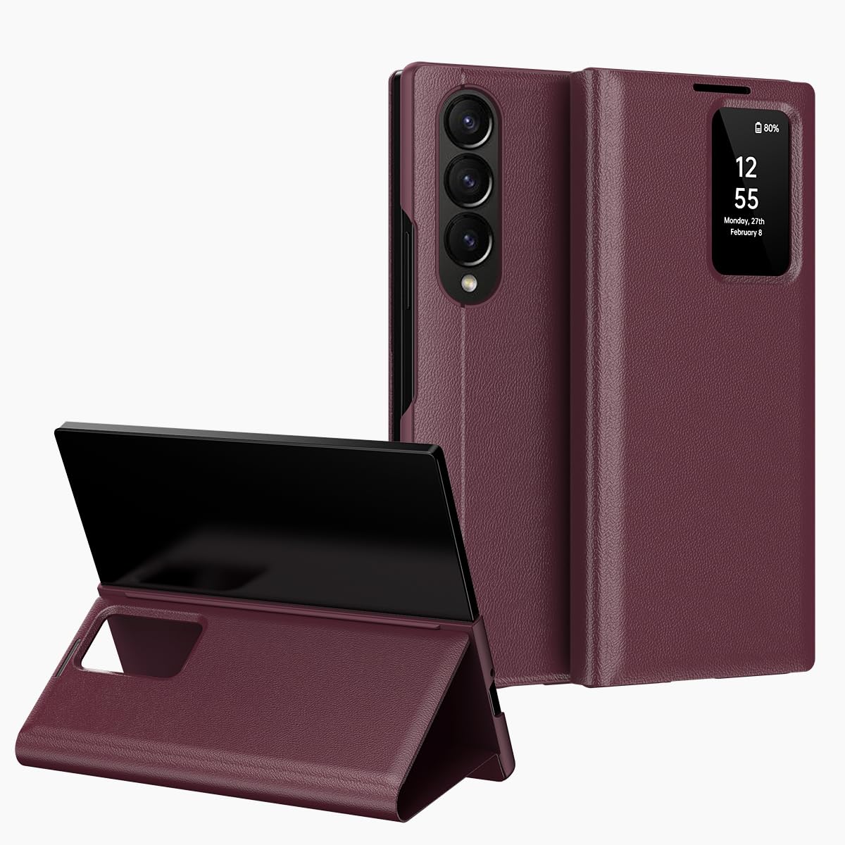 COQUE Etui do Galaxy Z Fold 3, inteligentny telefon z okienkiem i 1 miejscem na kartę, wykwintne skórzane etui ochronne, do Samsung Galaxy Z Fold 3 5G-czerwone