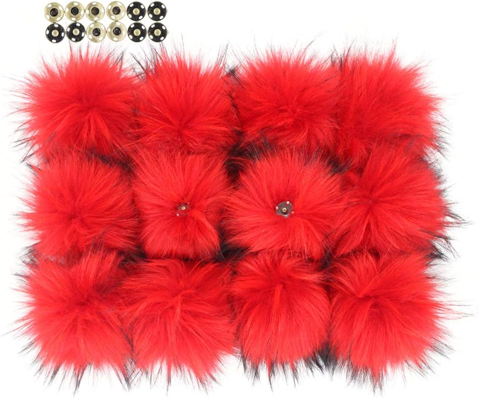 Fluffy Faux Raccoon Fur Pompoms with Press Button for Knitting Hat Garment Accessories 6 Inches Pack of 12 (Red)