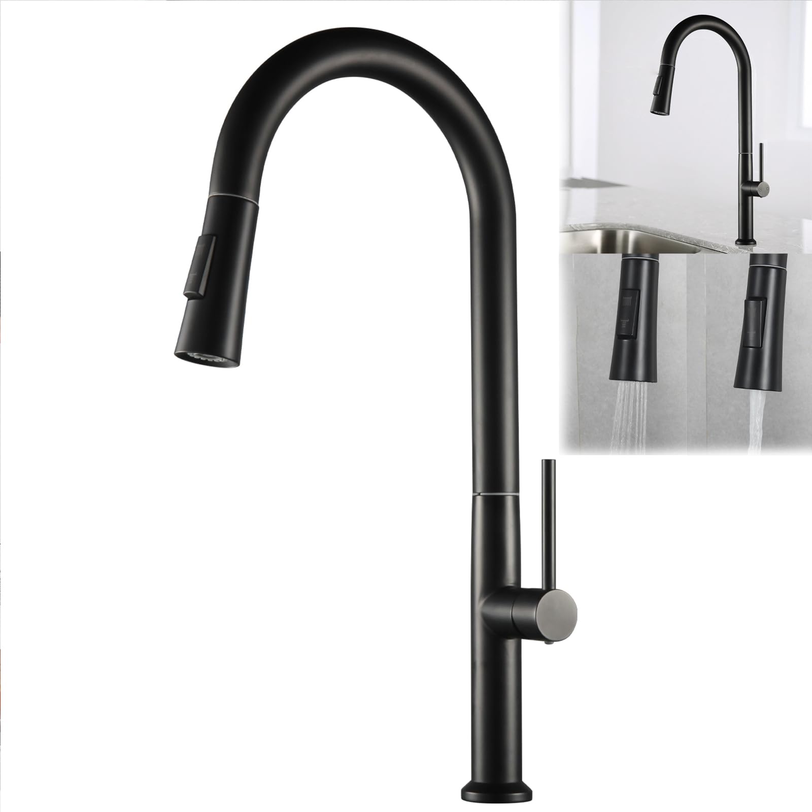Grifo de Cocina Extraíble, Caño Alto, Giro 360°, Doble Chorro, Acero Inoxidable 304